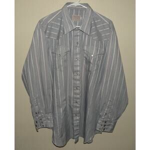 H Bar C Ranchwear Mens 18-35 2XL LS Snap Western Shirt Gray Stripe Long Tail USA